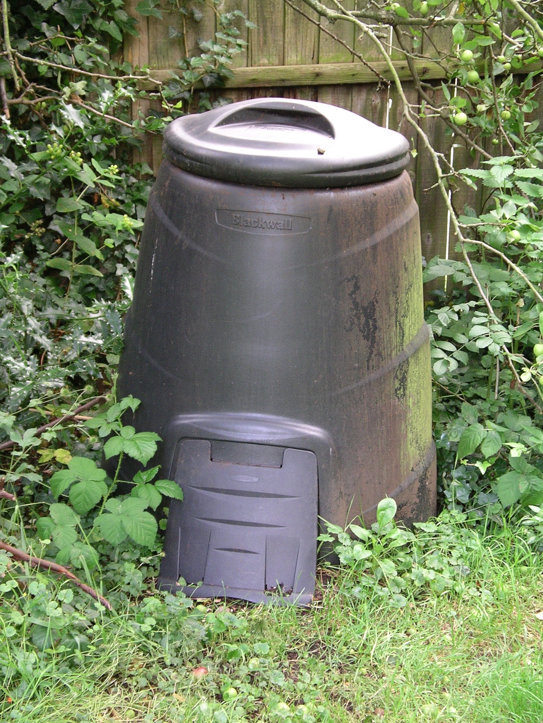 Backyard compost bin in a sheltered garden corner